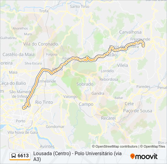 Mapa da linha do autocarro 6613.