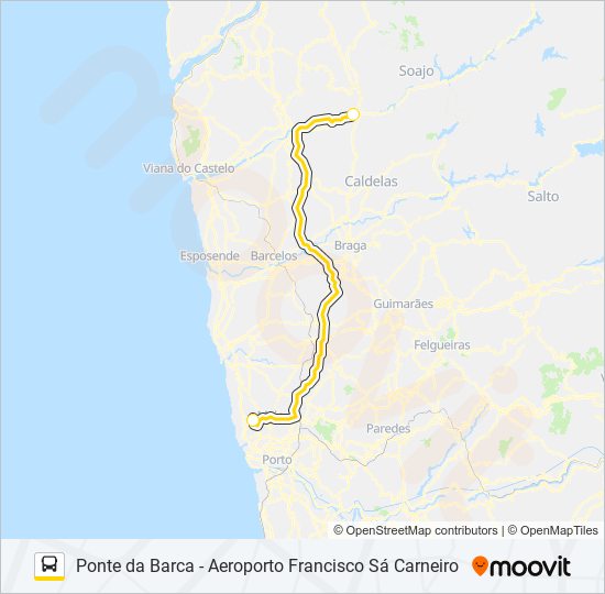 Mapa da linha do autocarro AEROBUS PONTE DA BARCA.