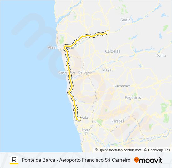 Mapa da linha do autocarro AEROBUS PONTE DA BARCA.