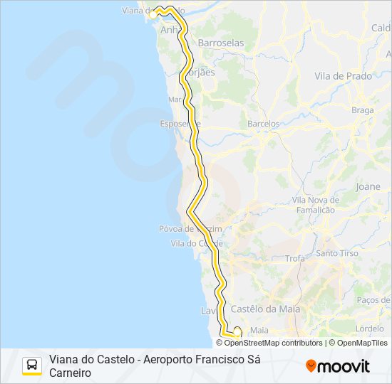Mapa da linha do autocarro AEROBUS VIANA DO CASTELO.