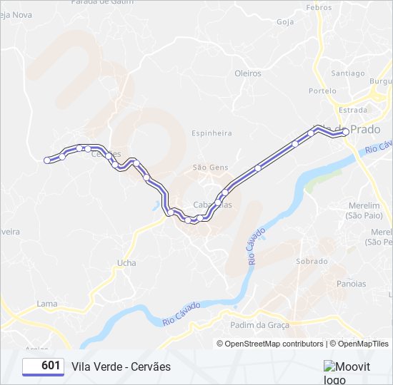 Mapa da linha do autocarro 601.