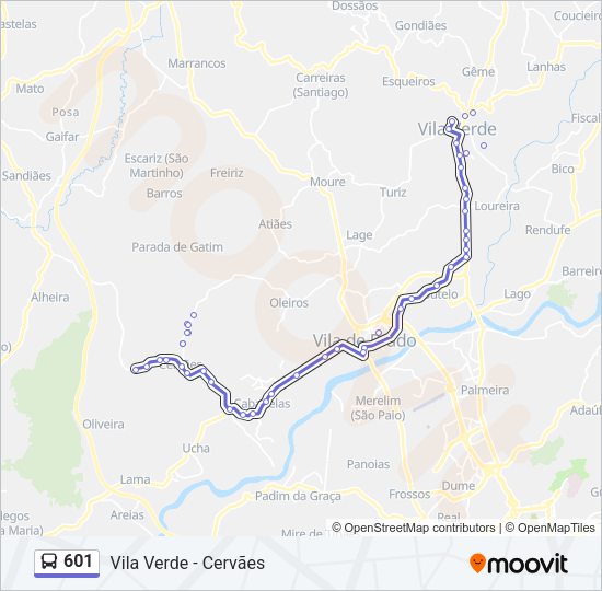 Mapa da linha do autocarro 601.