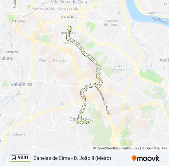 Mapa da linha do autocarro 9081.