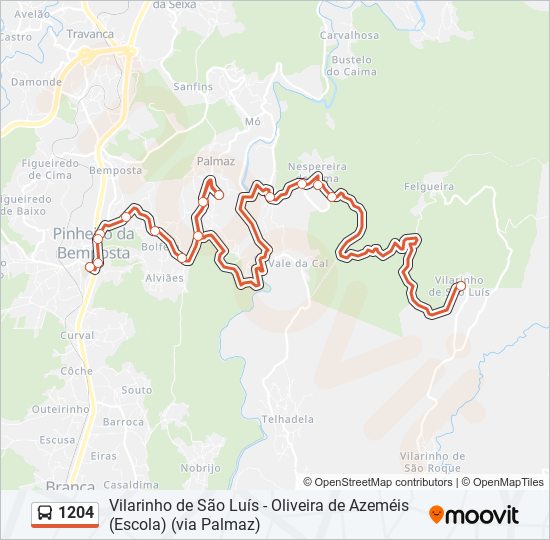 Mapa da linha do autocarro 1204.