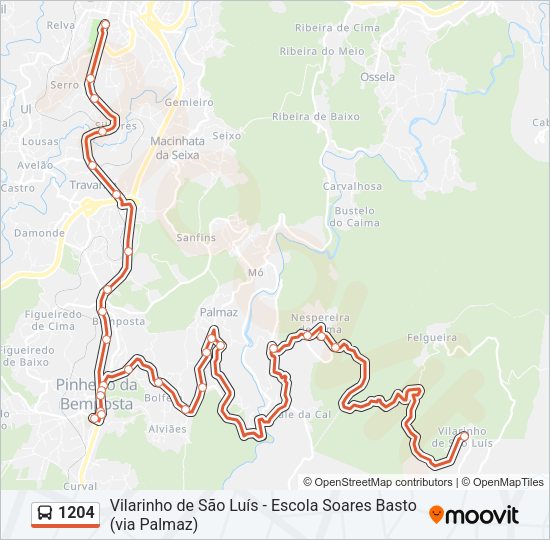Mapa da linha do autocarro 1204.