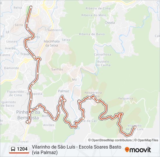 Mapa da linha do autocarro 1204.