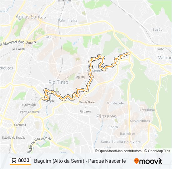 Mapa da linha do autocarro 8033.