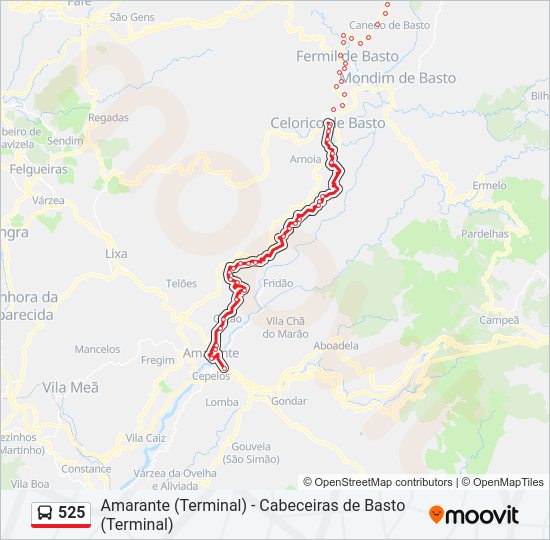Mapa da linha do autocarro 525.