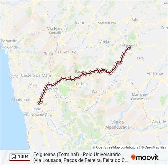 Mapa da linha do autocarro 1004.