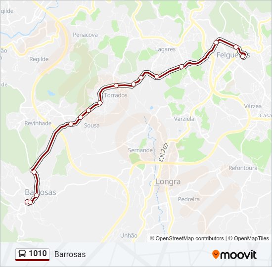 Mapa da linha do autocarro 1010.