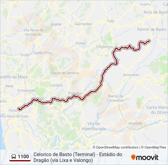 Mapa da linha do autocarro 1100.