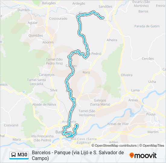 Mapa da linha do autocarro M30.