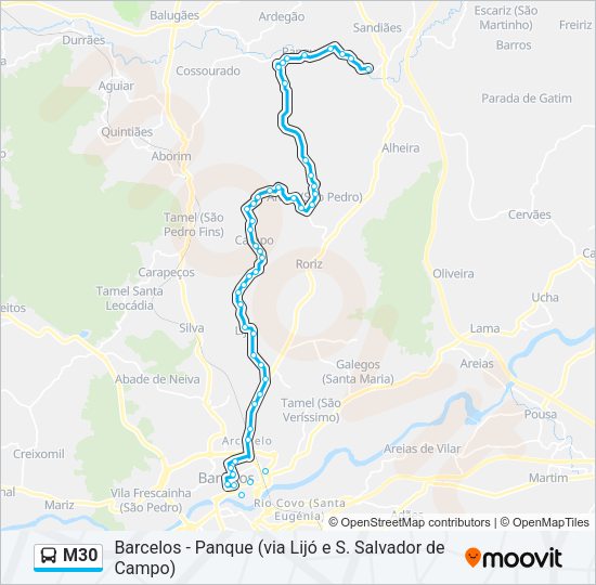Mapa da linha do autocarro M30.