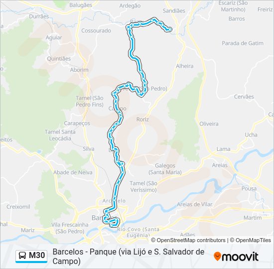 Mapa da linha do autocarro M30.