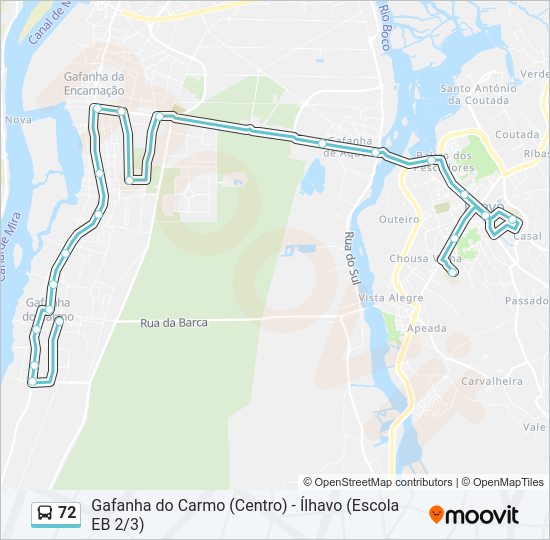 Mapa da linha do autocarro 72.