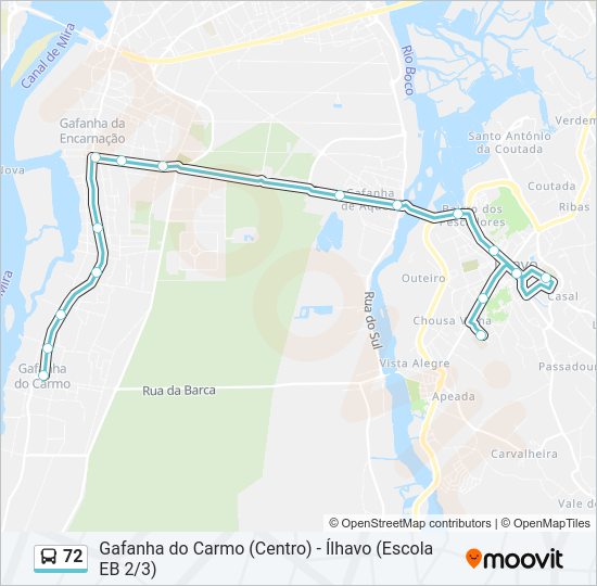 Mapa da linha do autocarro 72.