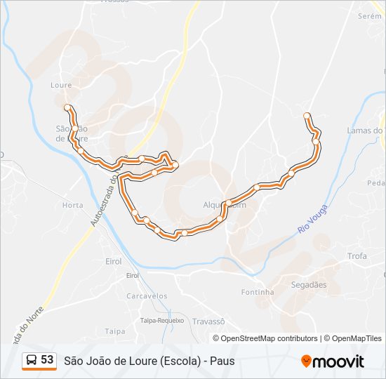 Mapa da linha do autocarro 53.