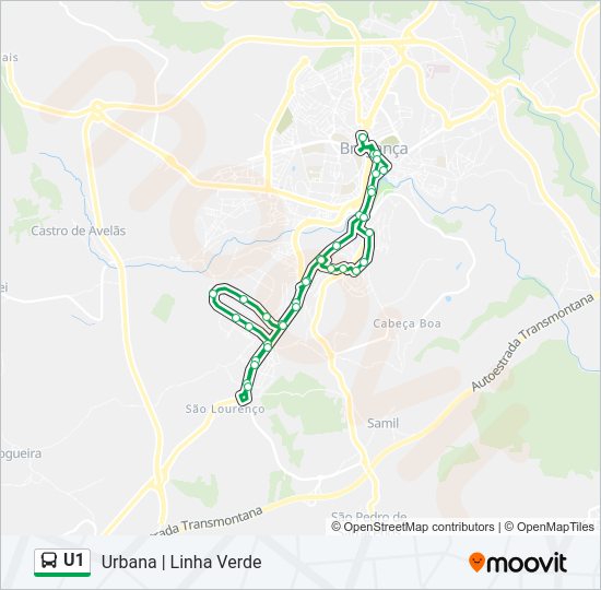 Mapa da linha do autocarro U1.