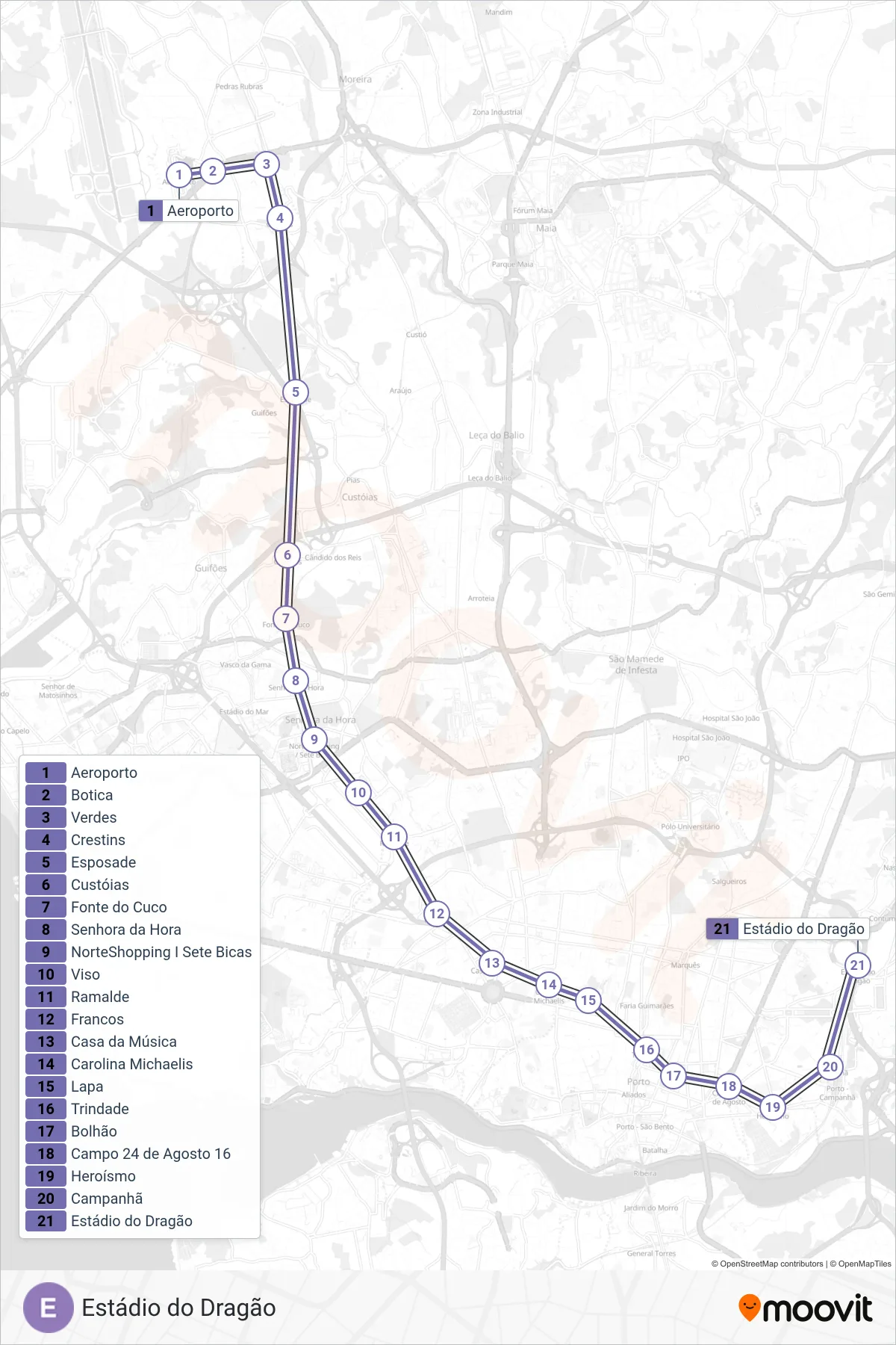 Percurso e paragens da linha E de metro (Estádio do Dragão) no mapa