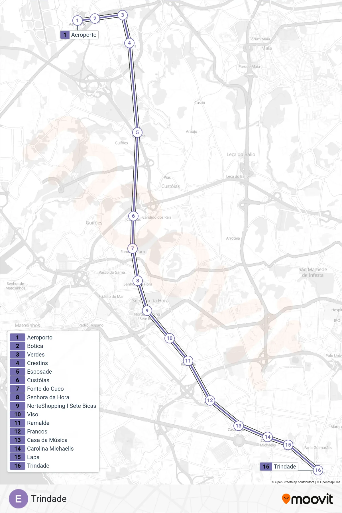 Percurso e paragens da linha E de metro (Trindade) no mapa