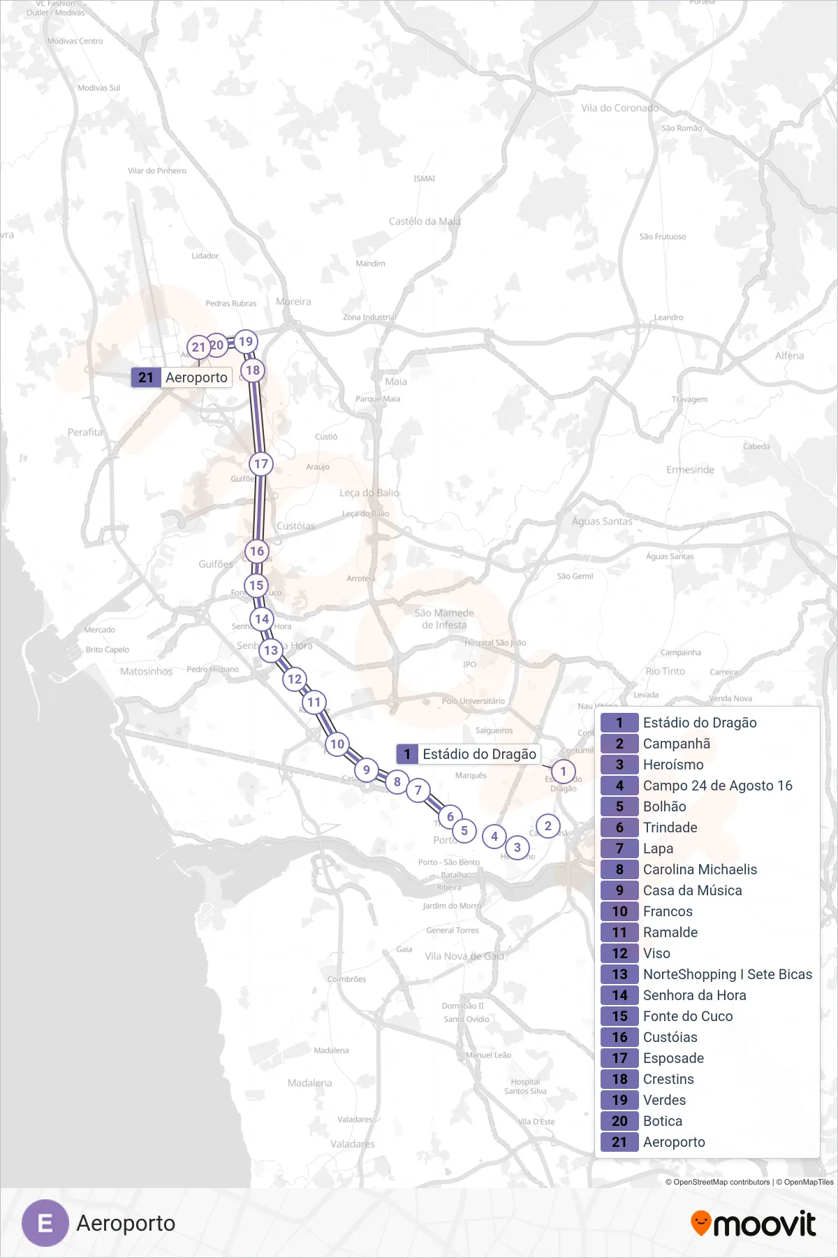 Percurso e paragens da linha E de metro (Aeroporto) no mapa