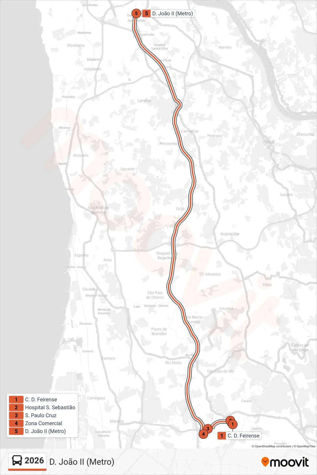 Percurso e paragens da linha 2026 de autocarro (D. João II (Metro)) no mapa