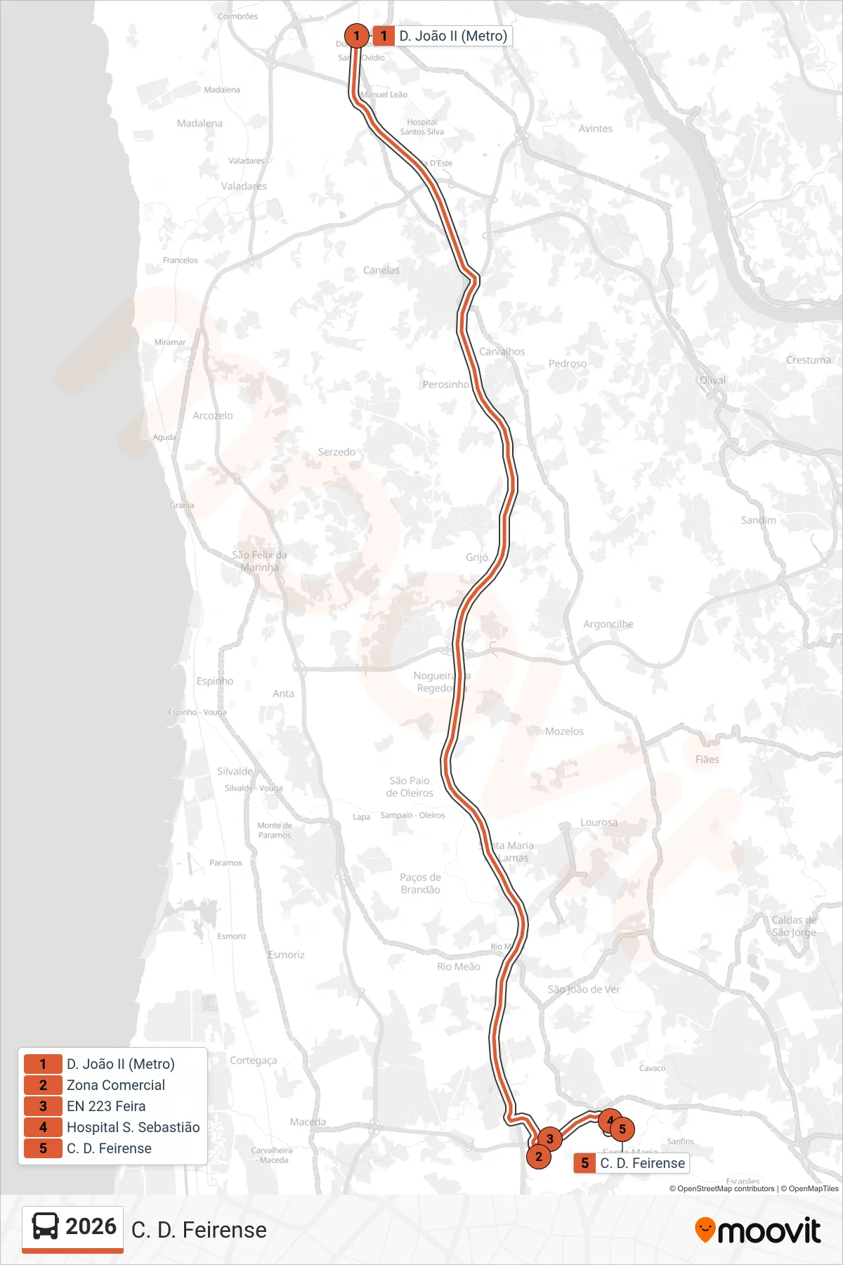 Percurso e paragens da linha 2026 de autocarro (C. D. Feirense) no mapa