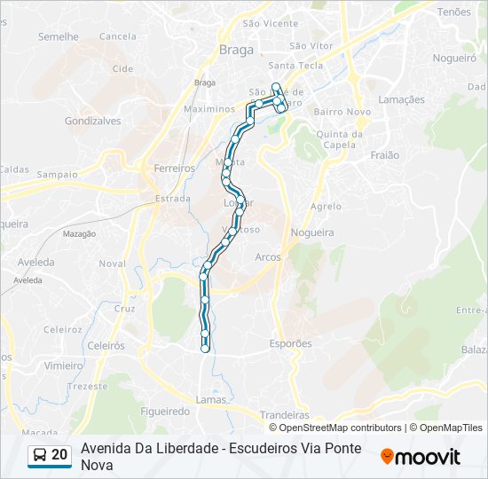 Mapa da linha do autocarro 20.