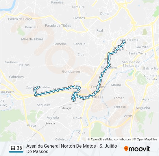 Mapa da linha do autocarro 36.