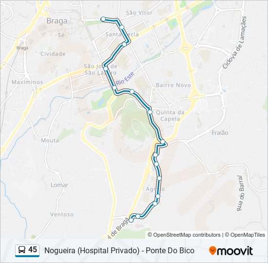 Mapa da linha do autocarro 45.