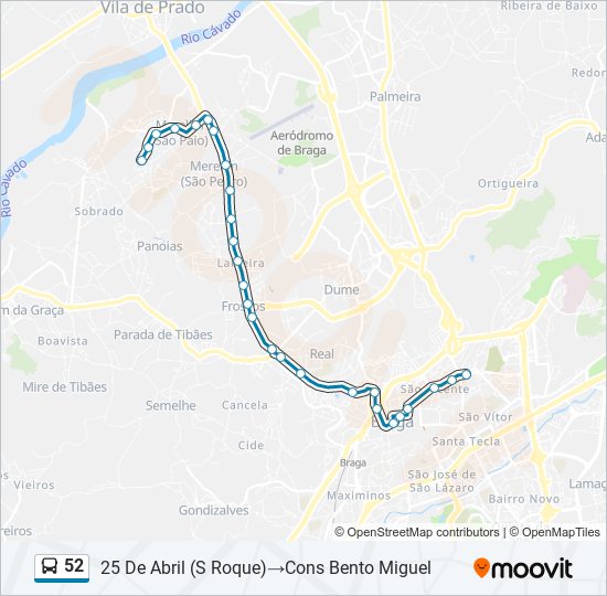 Mapa da linha do autocarro 52.