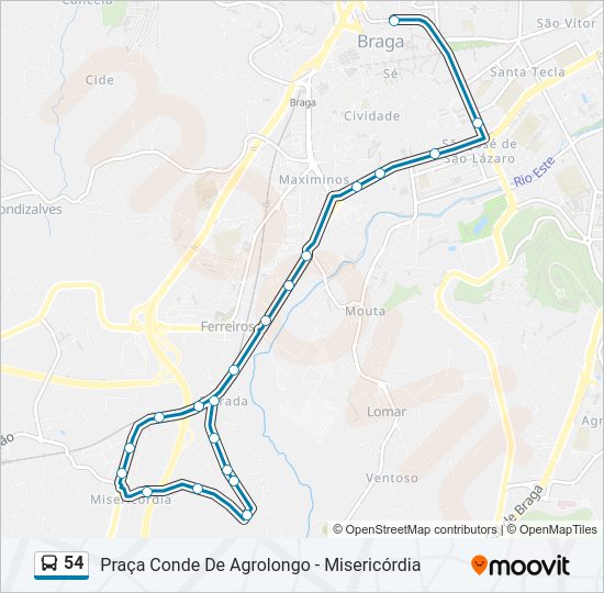 Mapa da linha do autocarro 54.