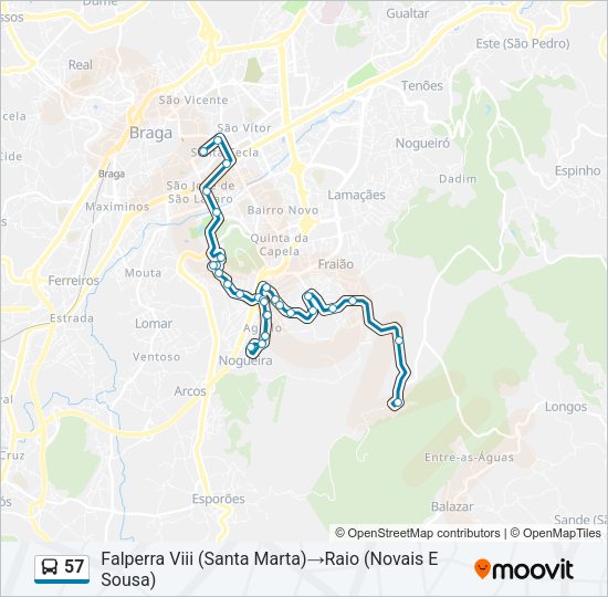 Mapa da linha do autocarro 57.