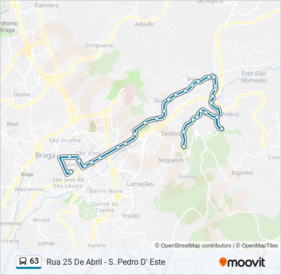 Mapa da linha do autocarro 63.