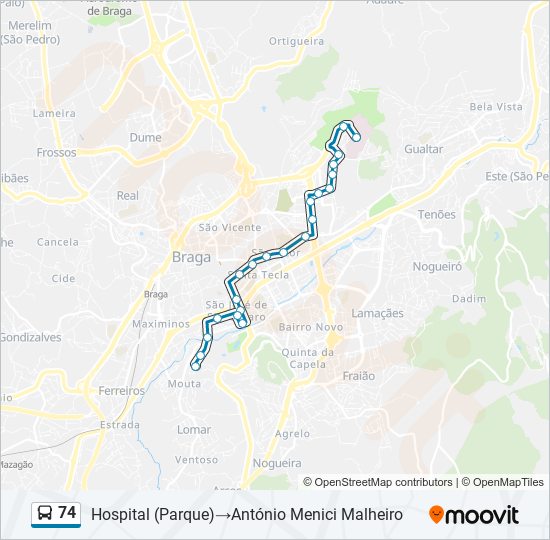 Mapa da linha do autocarro 74.