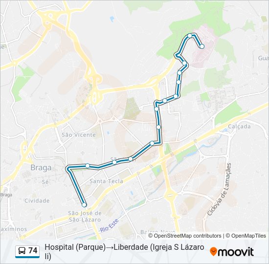 Mapa da linha do autocarro 74.