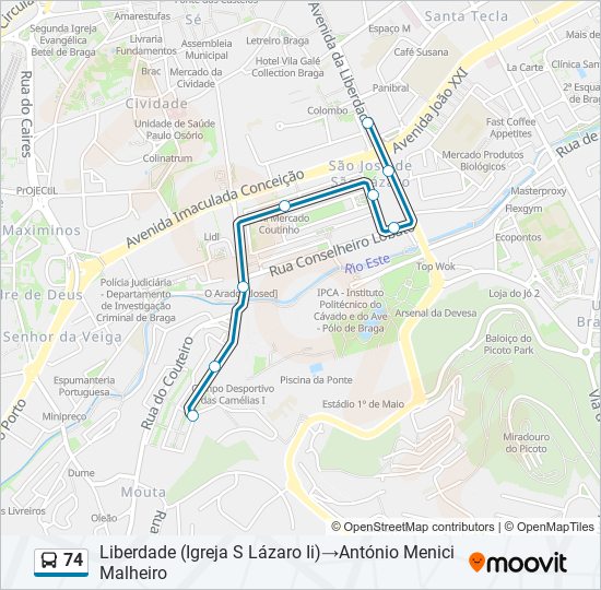 Mapa da linha do autocarro 74.