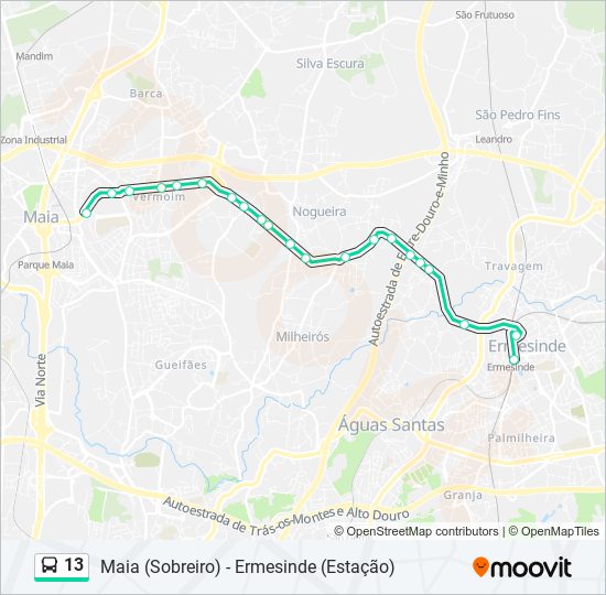 Mapa da linha do autocarro 13.