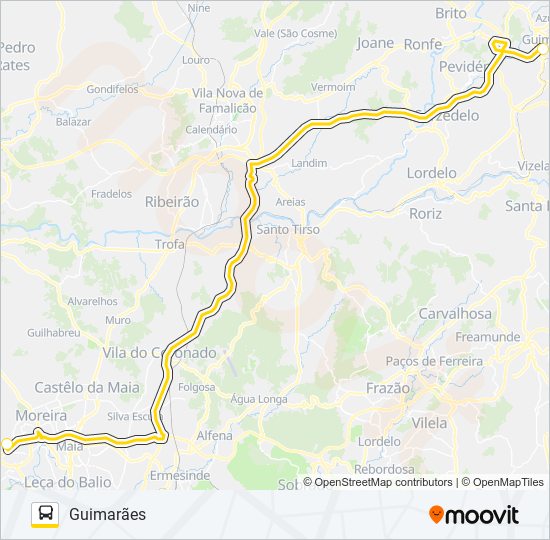 Mapa da linha do autocarro AEROBUS GUIMARÃES.