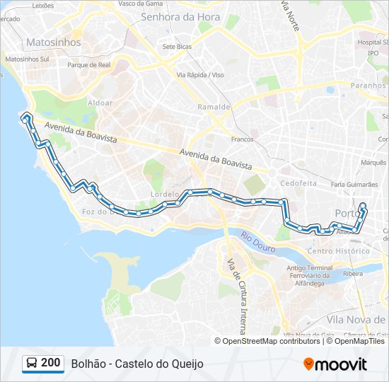 Mapa da linha do autocarro 200.