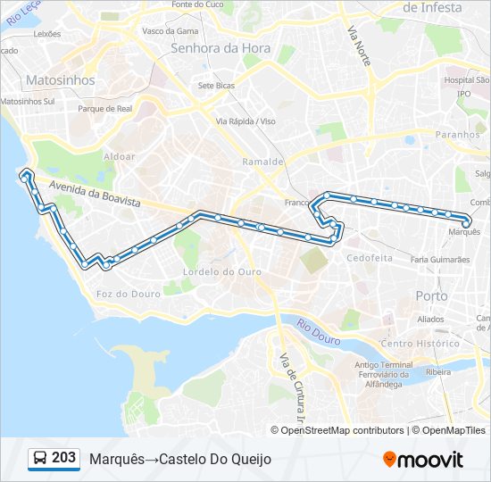 Mapa da linha do autocarro 203.