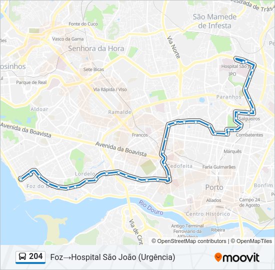 Mapa da linha do autocarro 204.