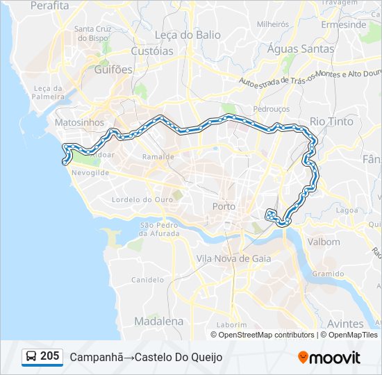 Mapa da linha do autocarro 205.