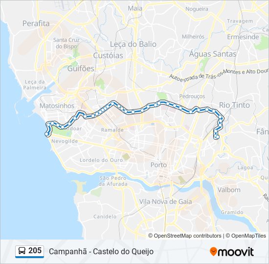 Mapa da linha do autocarro 205.