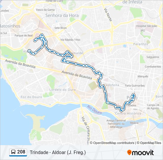 Mapa da linha do autocarro 208.