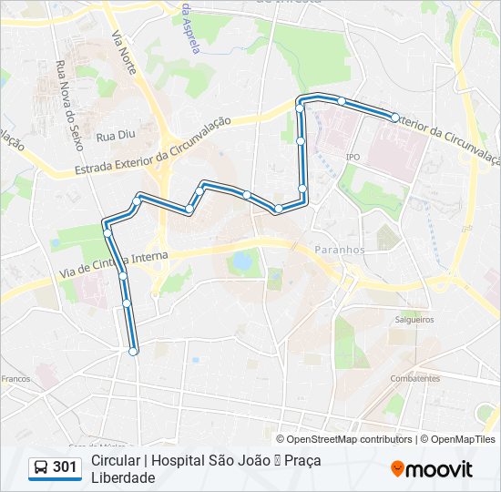 Mapa da linha do autocarro 301.