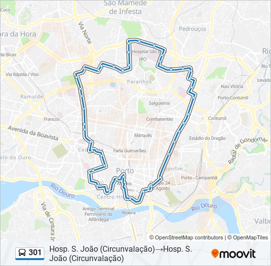 Mapa da linha do autocarro 301.