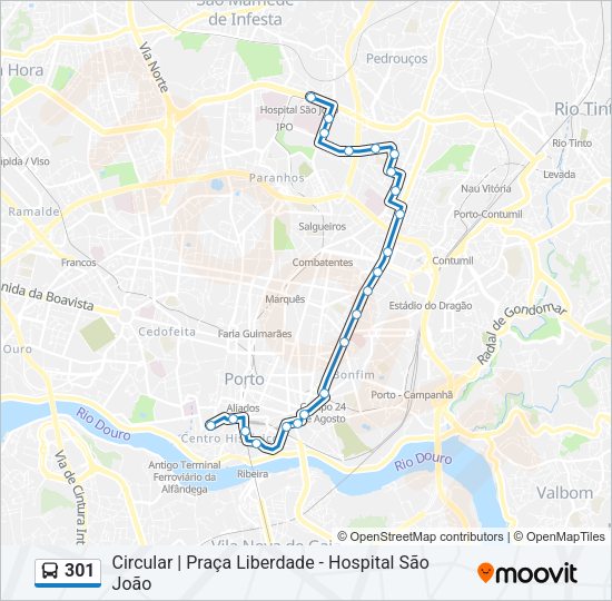 Mapa da linha do autocarro 301.