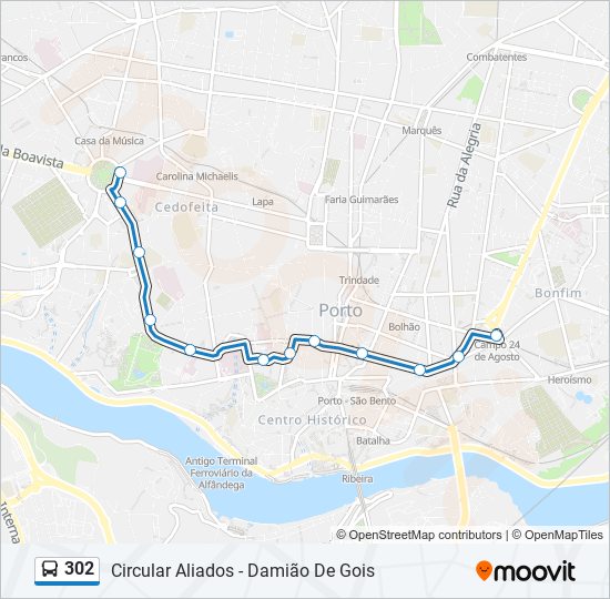 Mapa da linha do autocarro 302.