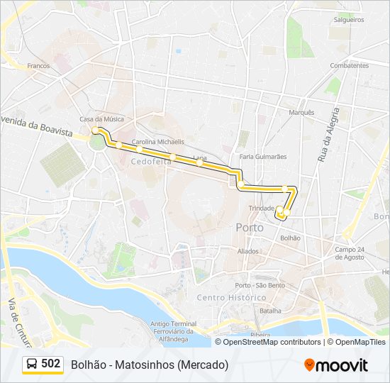 Mapa da linha do autocarro 502.